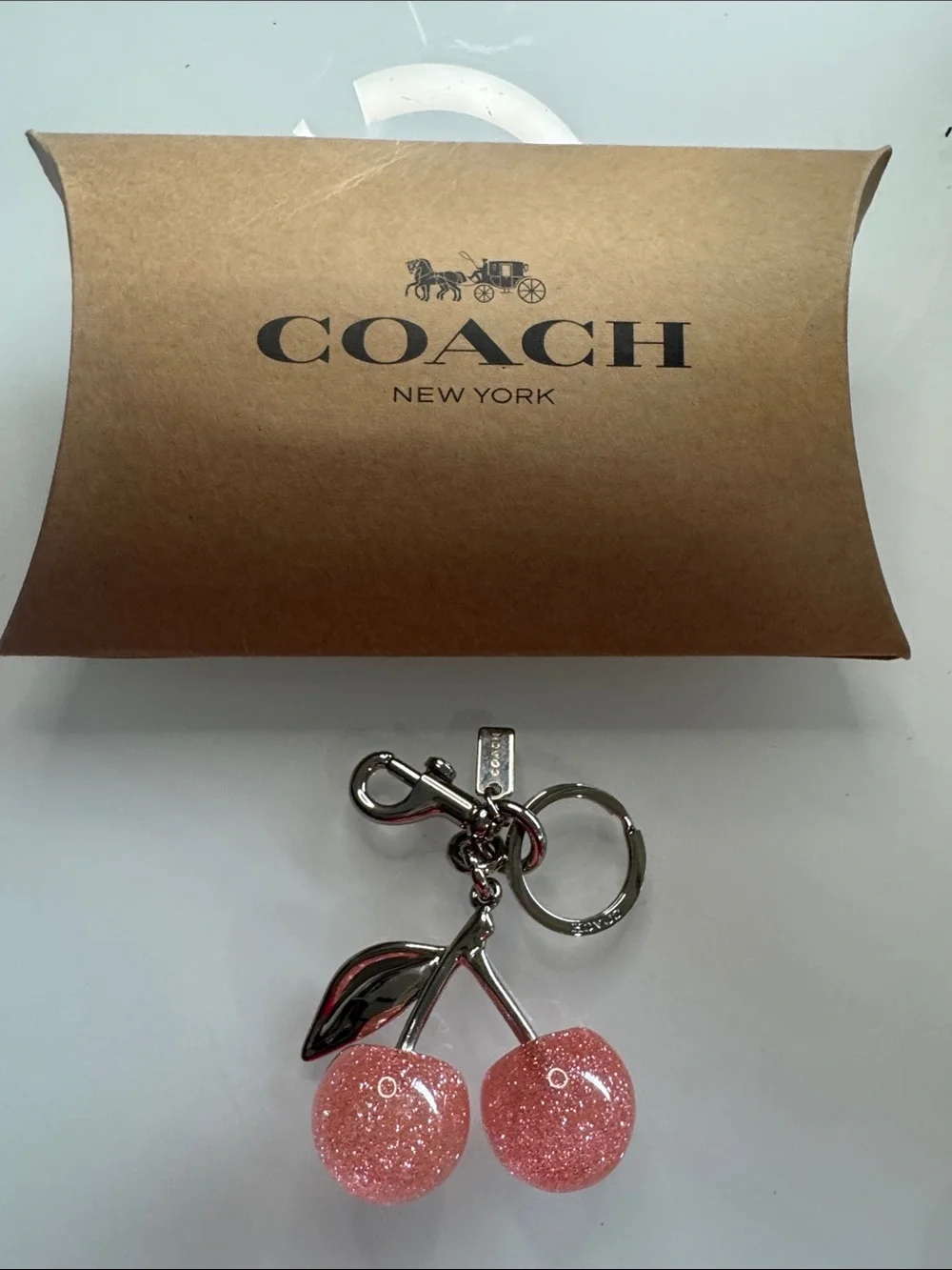 Coach Pink Glitter Cherry Keyring Charm with Silver Hardware